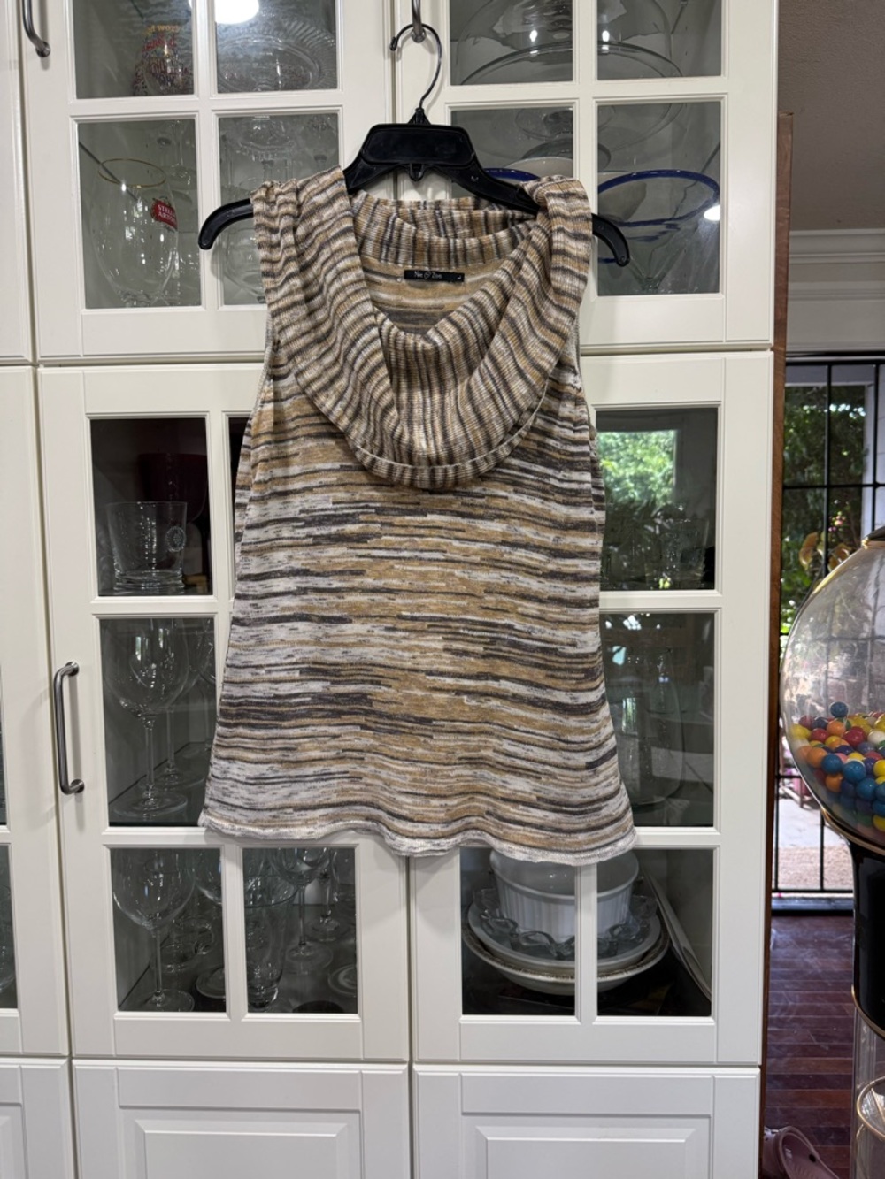 NIC+ZOE Striped Sleeveless Cowl Neck Sweater Tank in Cream, Brown, Gray